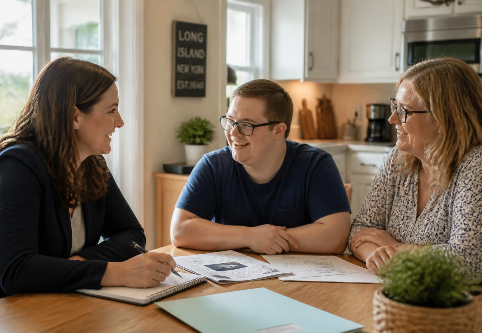 A support broker reviewing a self-direction plan at a kitchen table with a young man and his mother